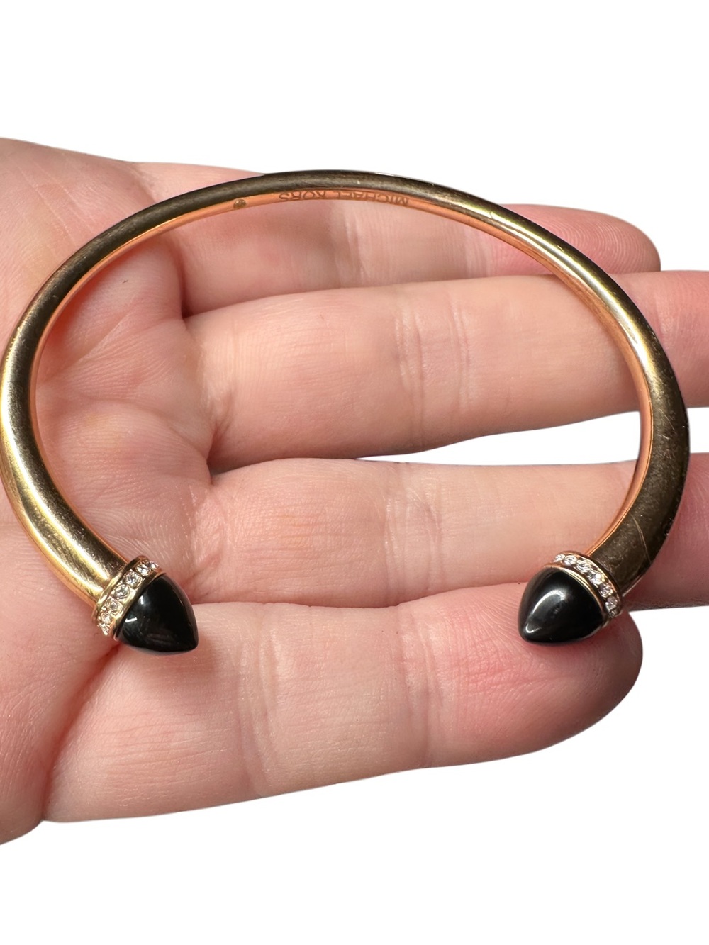 Michael Kors Gold Tone Cuff Bracelet with Black Tips and Crystal Accents